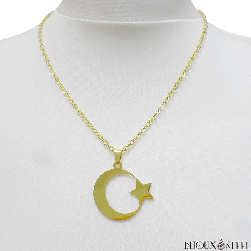 Collier à pendentif croissant de Lune et étoile en acier inoxydable