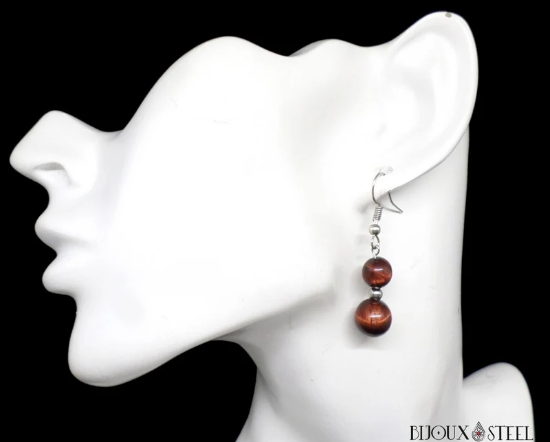 Boucles d'oreilles pendantes doubles perles d'oeil de taureau
