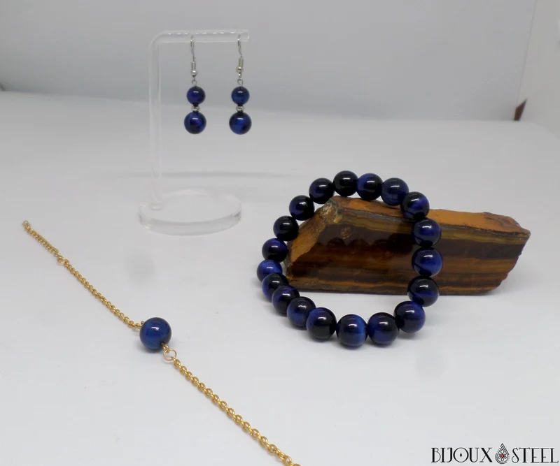 Bracelet en perles d'oeil de tigre bleu 10mm