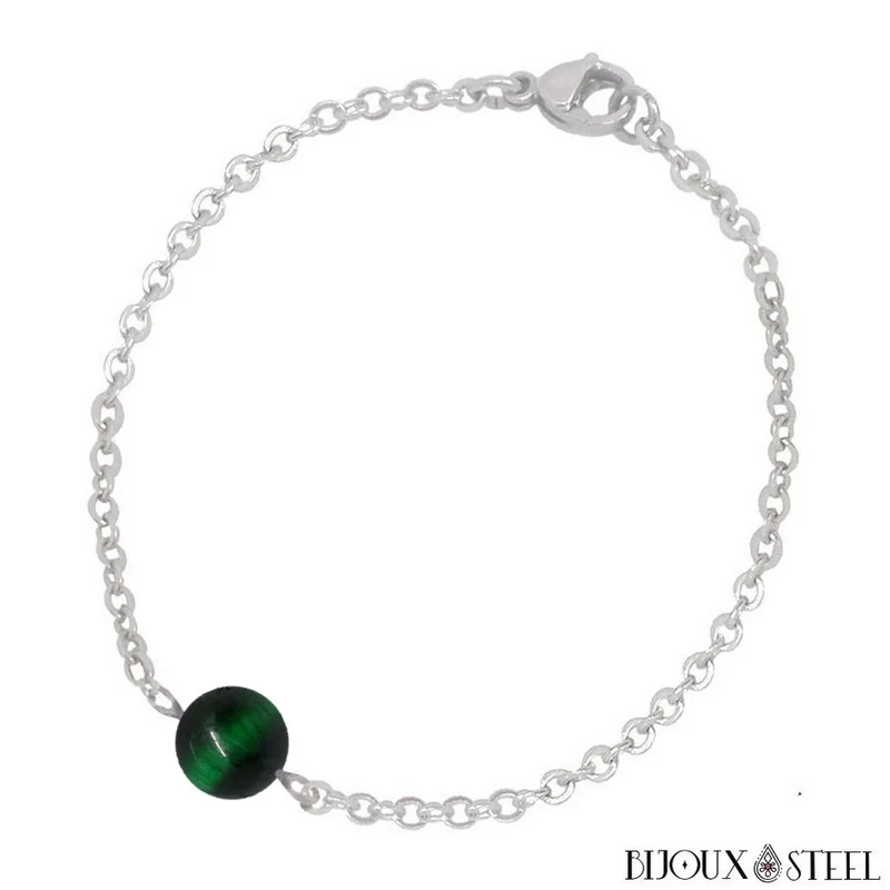 Bracelet à perle d'oeil de tigre vert en acier inoxydable