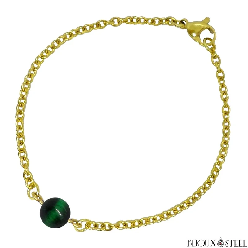 Bracelet à perle d'oeil de tigre vert en acier inoxydable