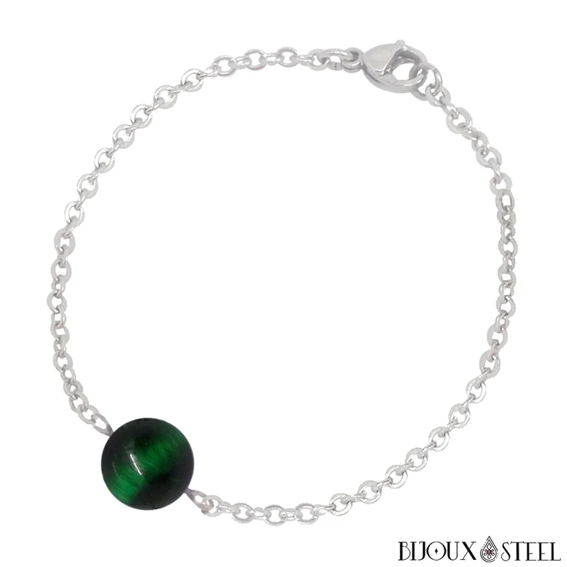 Bracelet à perle d'oeil de tigre vert en acier inoxydable