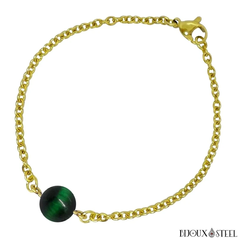 Bracelet à perle d'oeil de tigre vert en acier inoxydable