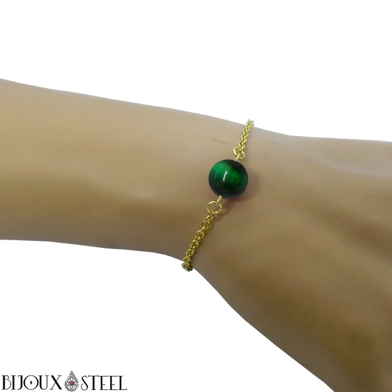 Bracelet à perle d'oeil de tigre vert en acier inoxydable