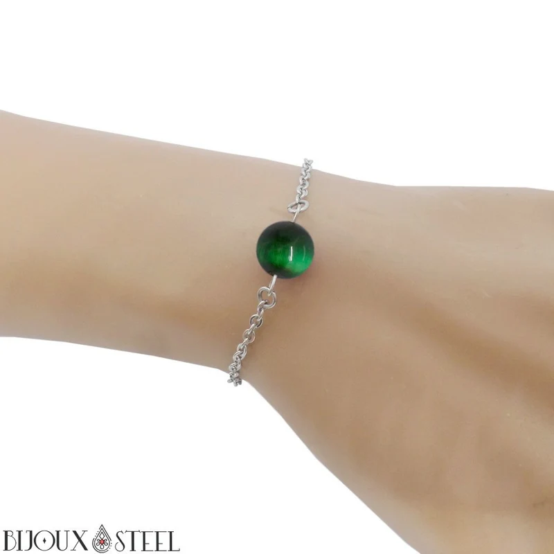 Bracelet à perle d'oeil de tigre vert en acier inoxydable