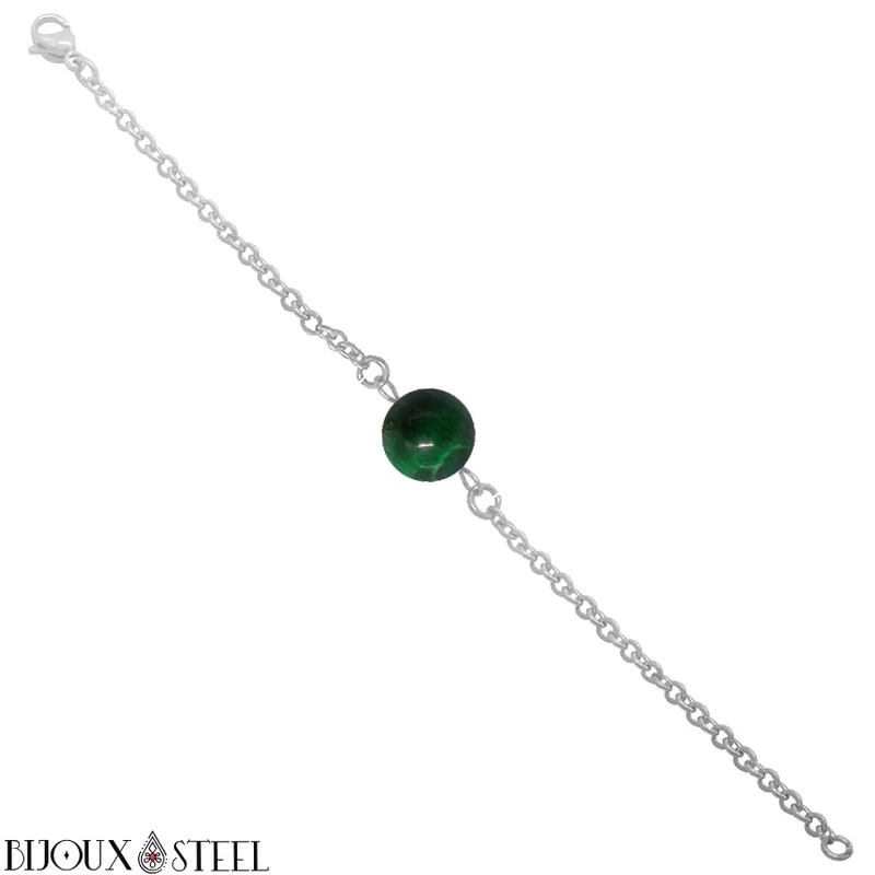 Bracelet à perle d'oeil de tigre vert en acier inoxydable