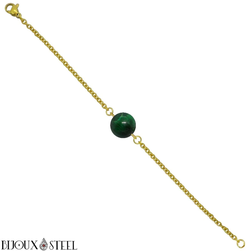 Bracelet à perle d'oeil de tigre vert en acier inoxydable