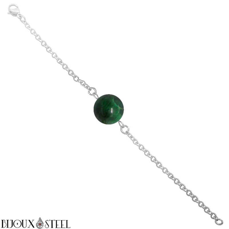 Bracelet à perle d'oeil de tigre vert en acier inoxydable