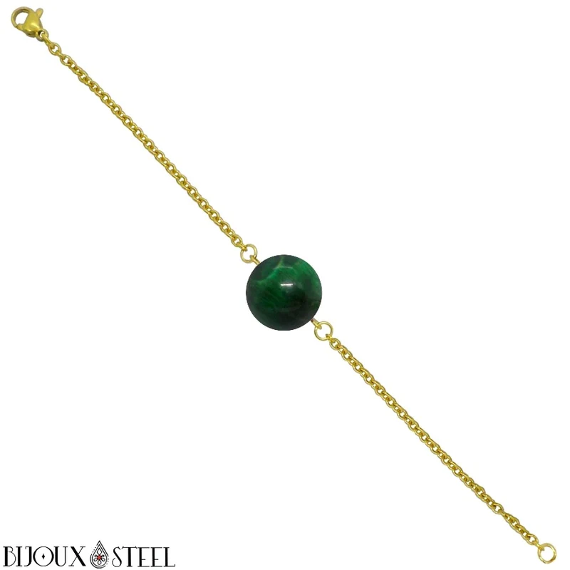 Bracelet à perle d'oeil de tigre vert en acier inoxydable
