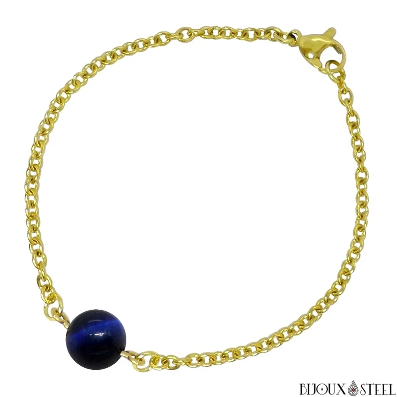 Bracelet à perle d'oeil de tigre bleu en acier inoxydable