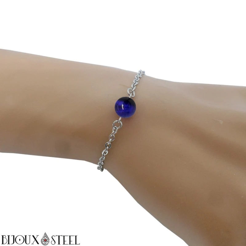Bracelet à perle d'oeil de tigre bleu en acier inoxydable