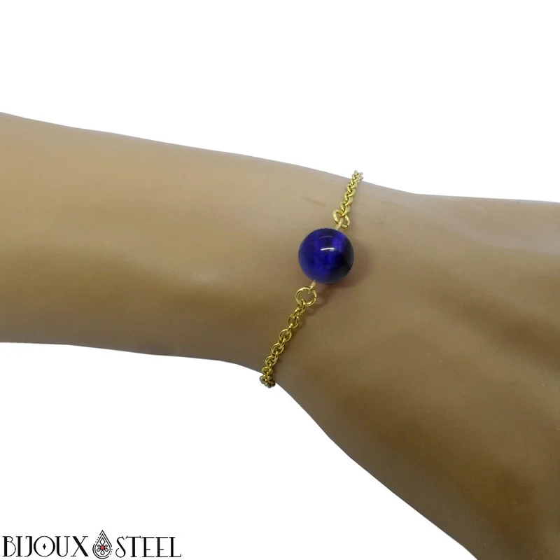 Bracelet à perle d'oeil de tigre bleu en acier inoxydable