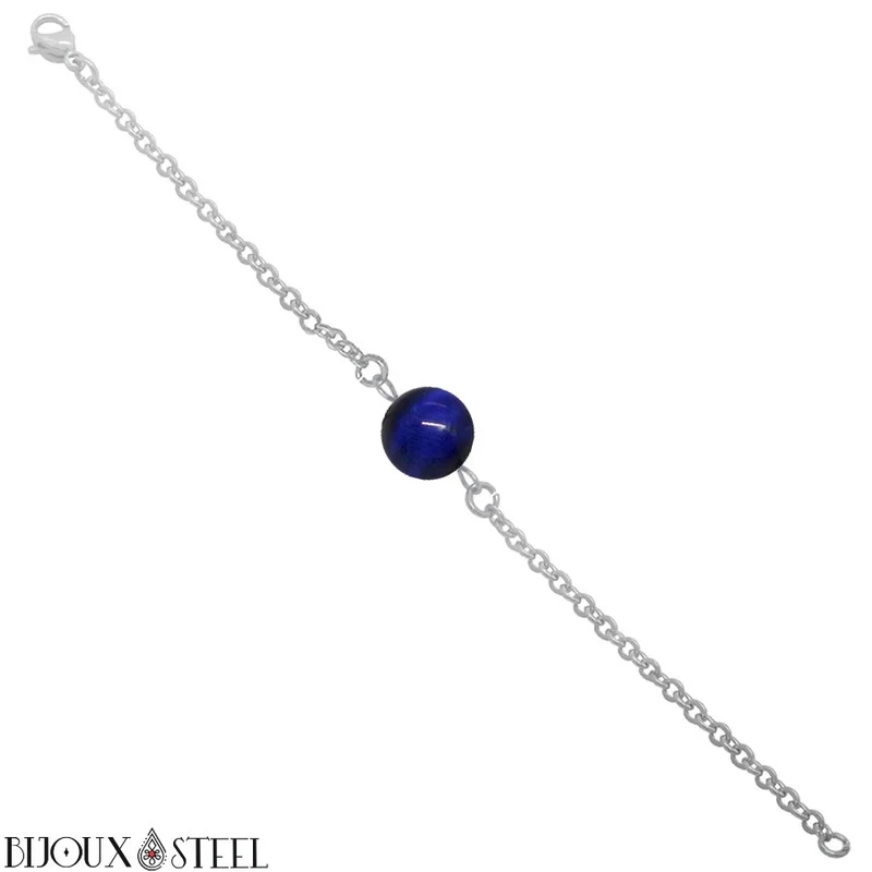 Bracelet à perle d'oeil de tigre bleu en acier inoxydable
