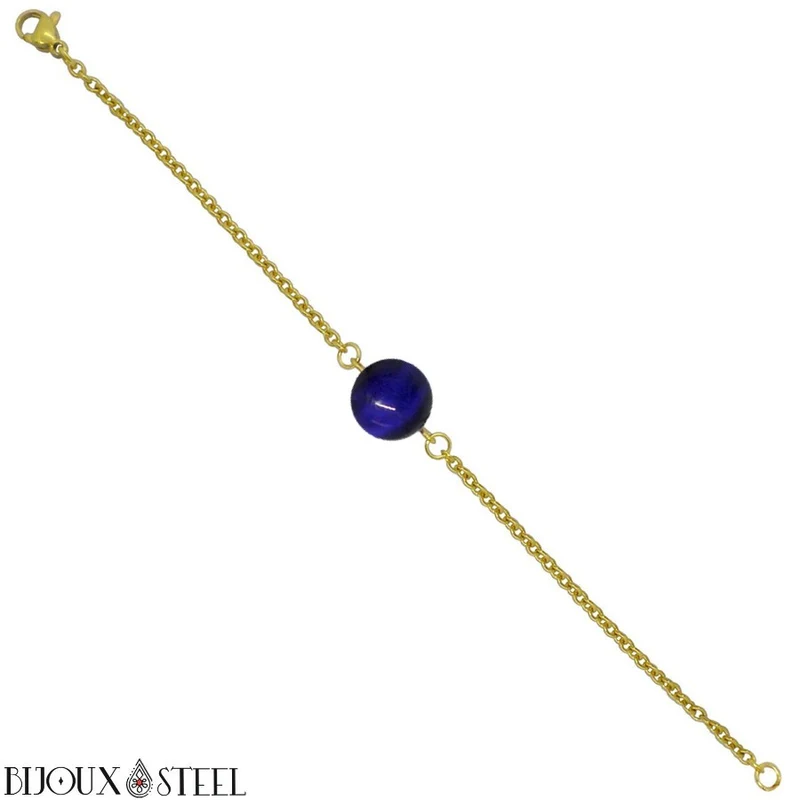 Bracelet à perle d'oeil de tigre bleu en acier inoxydable