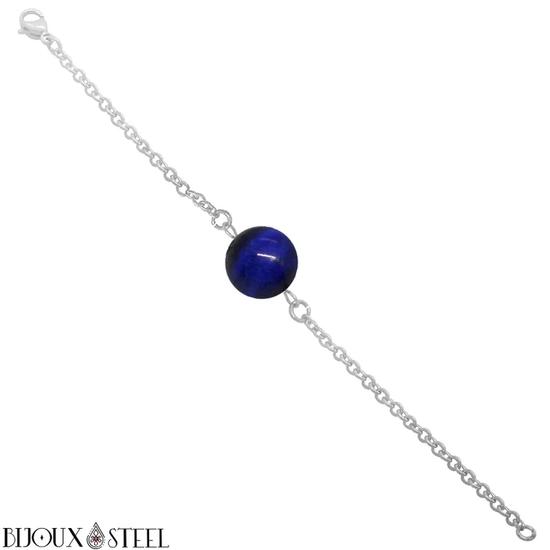 Bracelet à perle d'oeil de tigre bleu en acier inoxydable