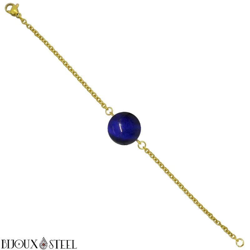 Bracelet à perle d'oeil de tigre bleu en acier inoxydable