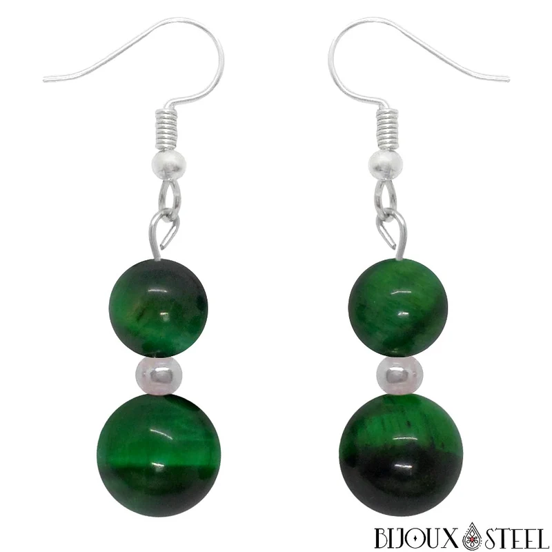 Boucles d'oreilles pendantes doubles perles d'oeil de tigre vert