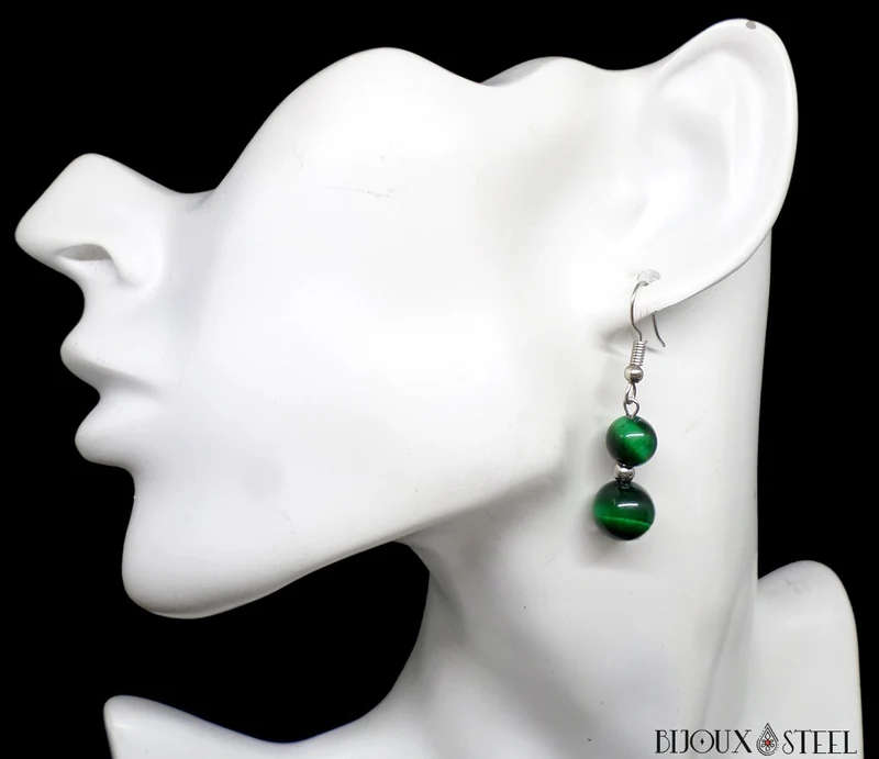 Boucles d'oreilles pendantes doubles perles d'oeil de tigre vert