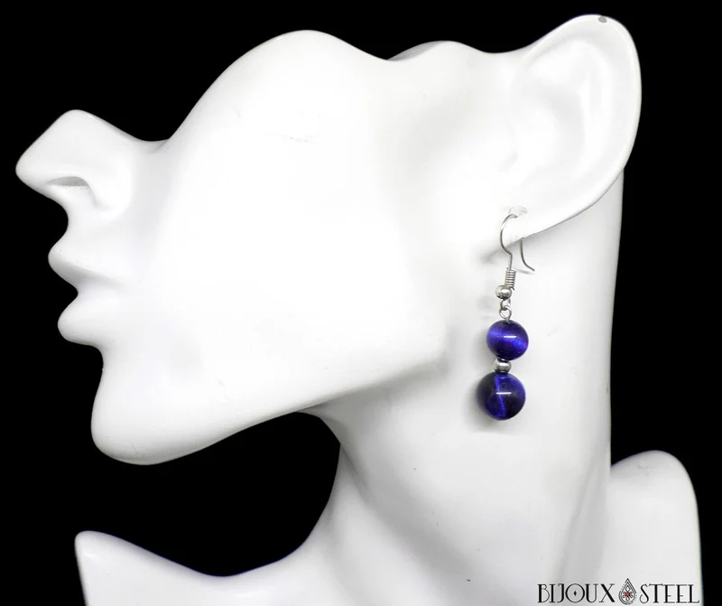 Boucles d'oreilles pendantes doubles perles d'oeil de tigre bleu