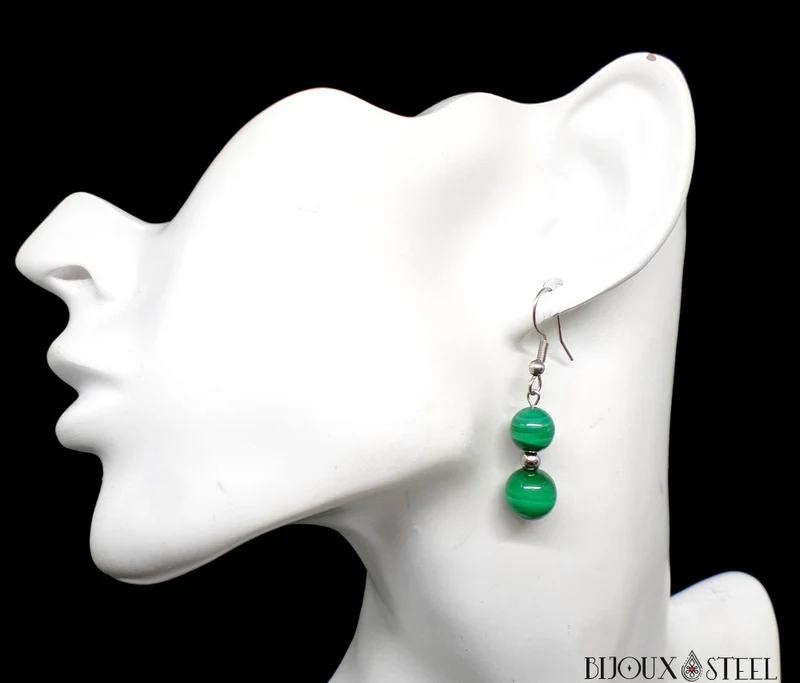 Boucles d'oreilles pendantes doubles perles de malachite