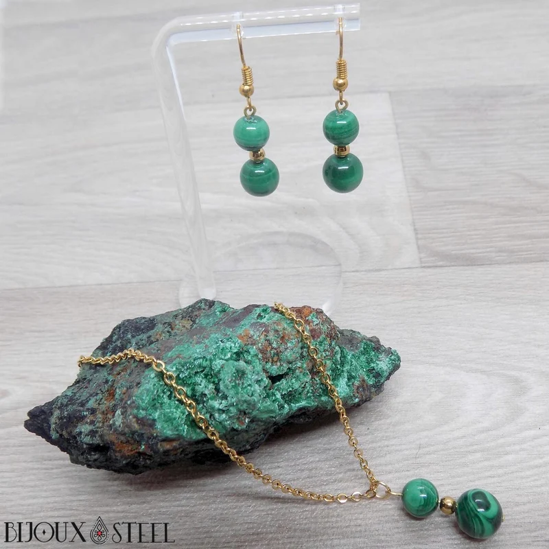 Boucles d'oreilles pendantes doubles perles de malachite
