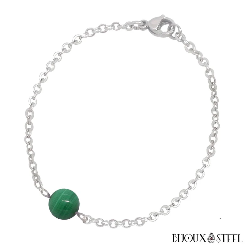 Bracelet à perle de malachite en acier inoxydable