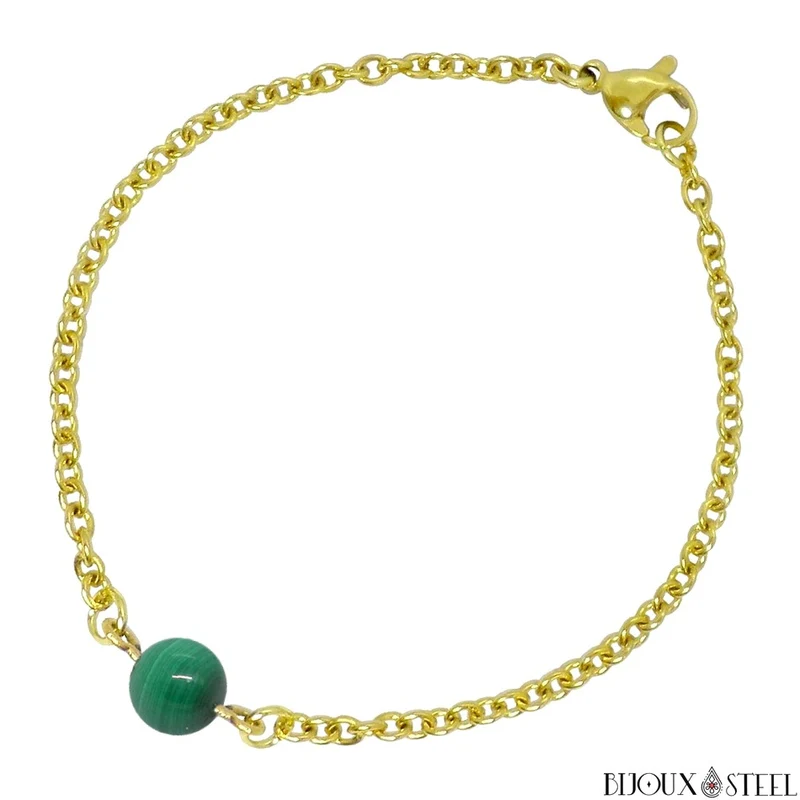 Bracelet à perle de malachite en acier inoxydable