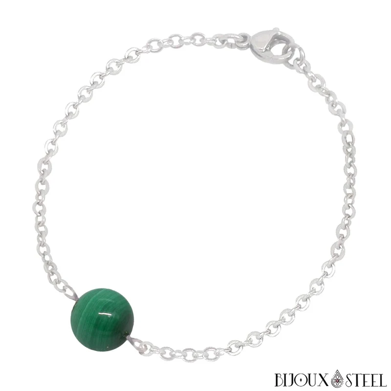 Bracelet à perle de malachite en acier inoxydable