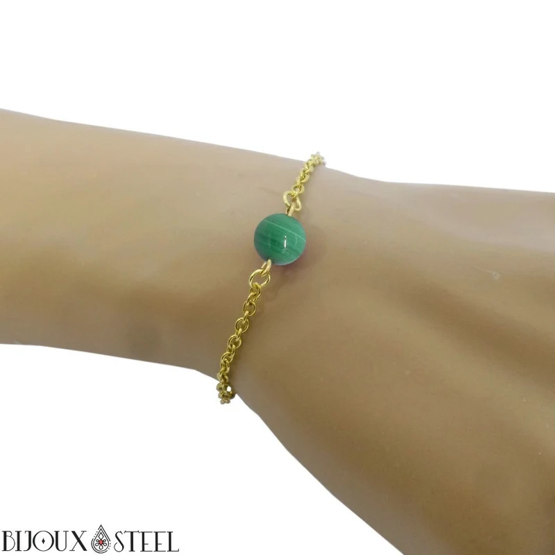 Bracelet à perle de malachite en acier inoxydable