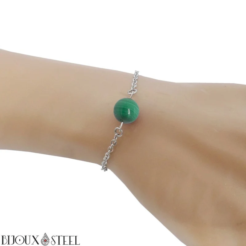 Bracelet à perle de malachite en acier inoxydable