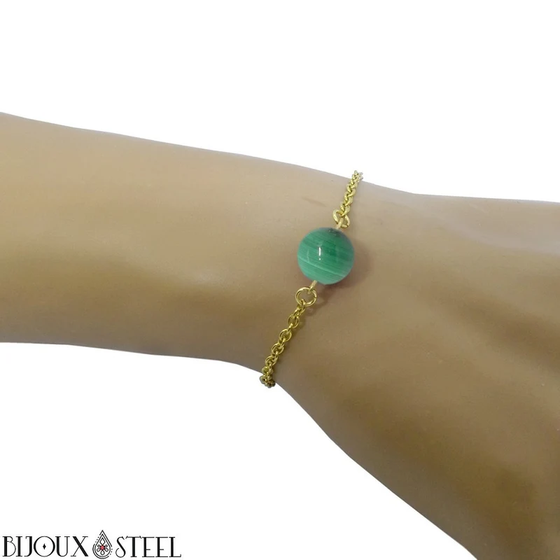 Bracelet à perle de malachite en acier inoxydable