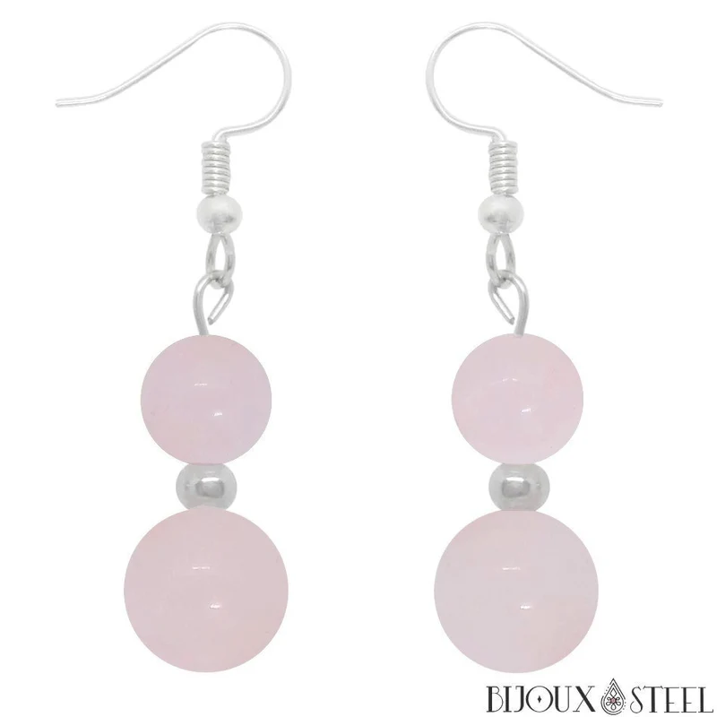 Boucles d'oreilles pendantes doubles perles de quartz rose