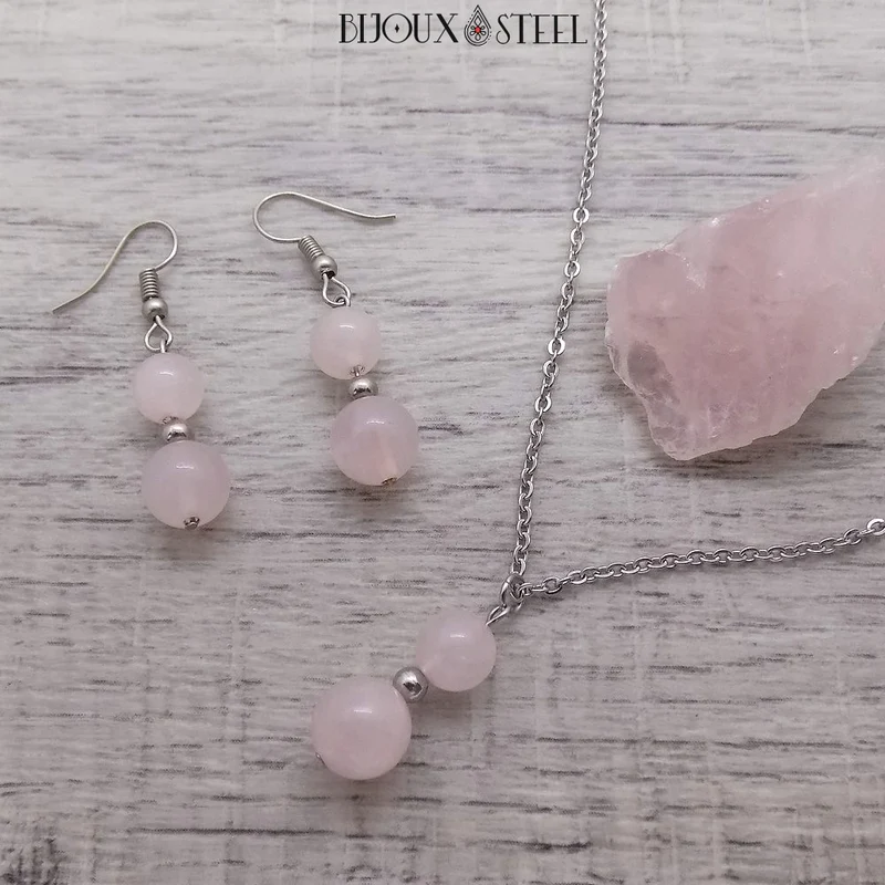 Boucles d'oreilles pendantes doubles perles de quartz rose