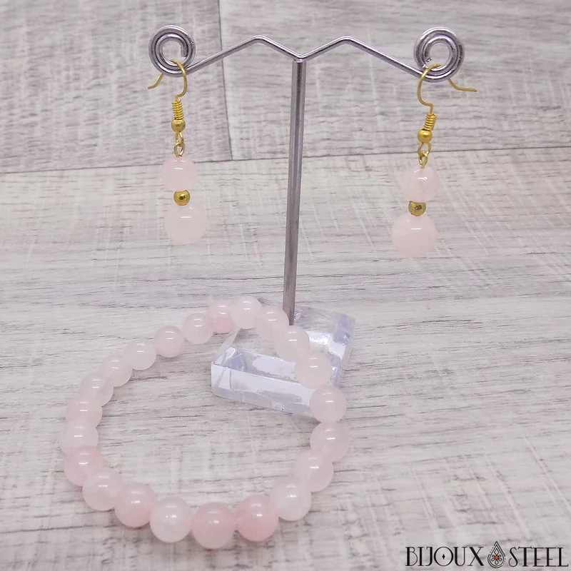Boucles d'oreilles pendantes doubles perles de quartz rose
