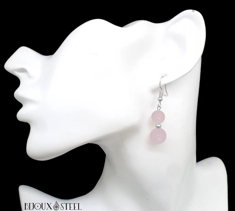 Boucles d'oreilles pendantes doubles perles de quartz rose