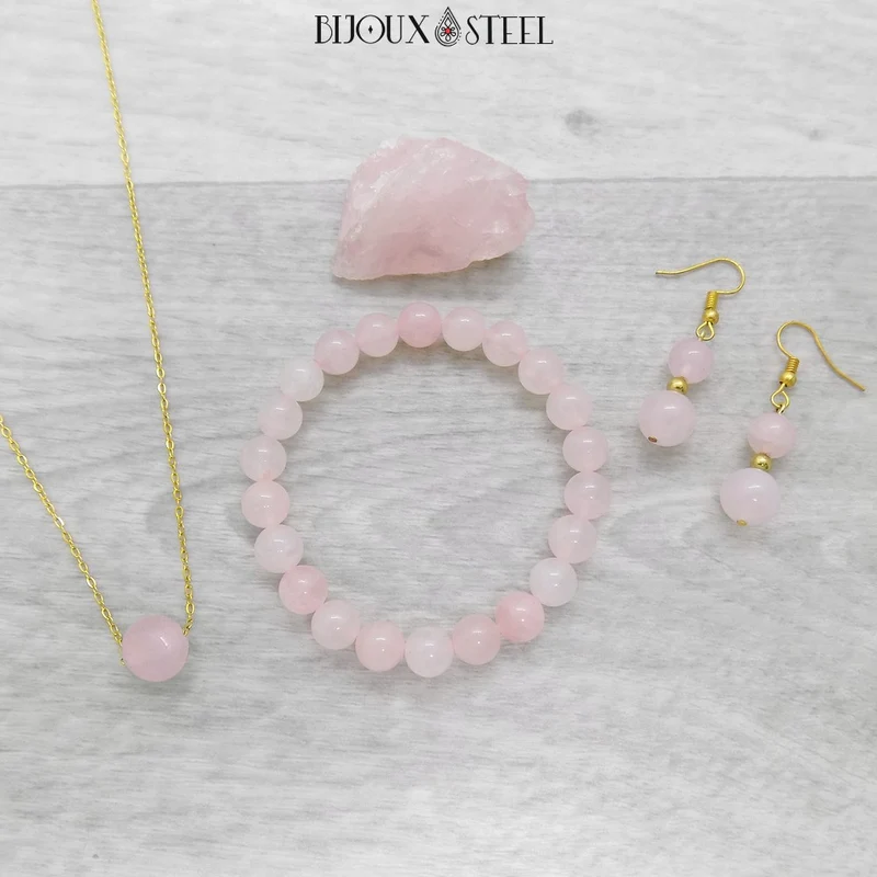 Boucles d'oreilles pendantes doubles perles de quartz rose