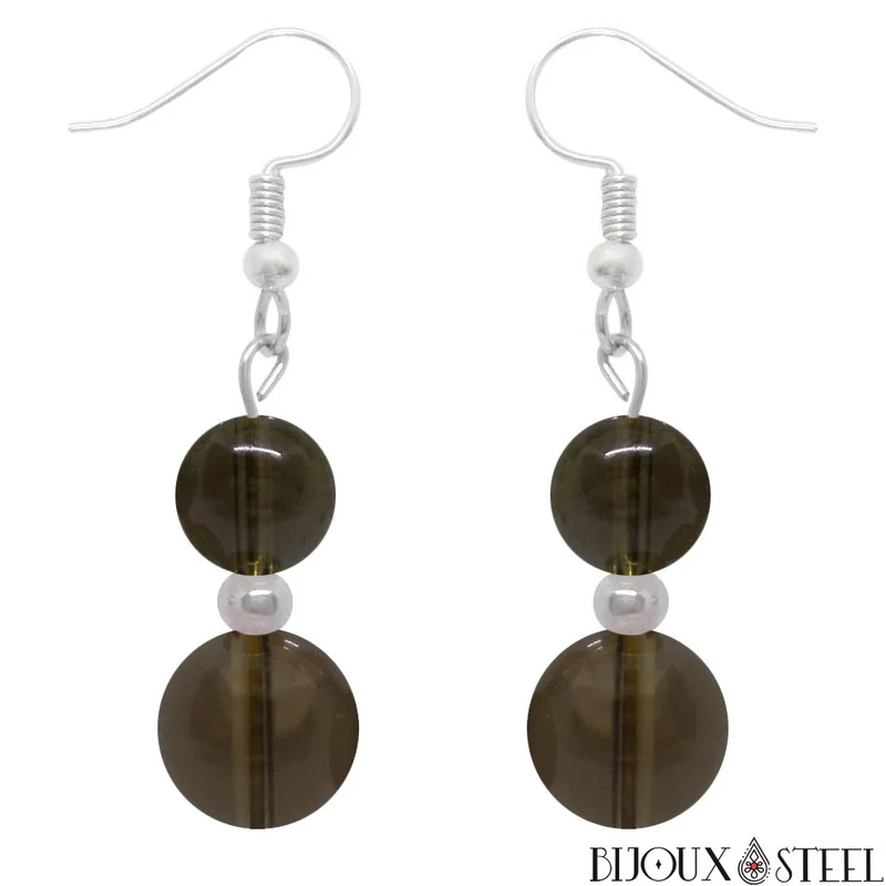 Boucles d'oreilles pendantes doubles perles de quartz fumé