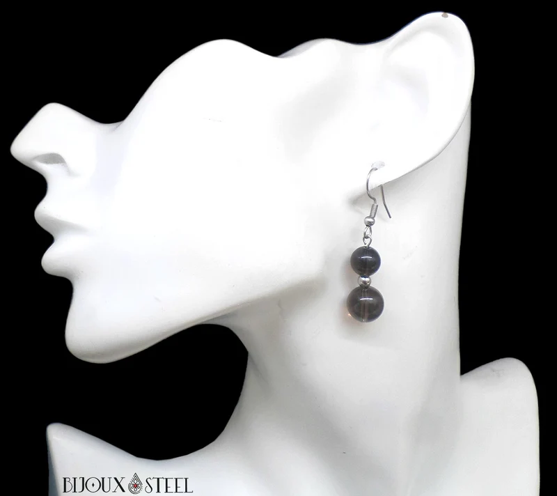 Boucles d'oreilles pendantes doubles perles de quartz fumé