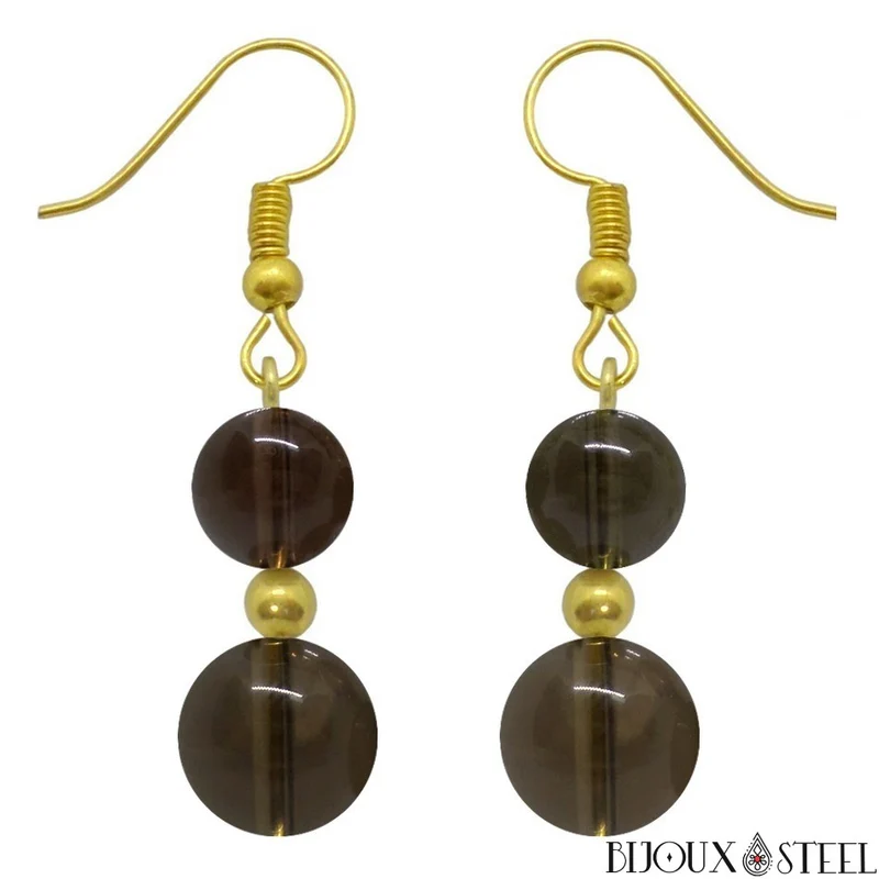 Boucles d'oreilles pendantes doubles perles de quartz fumé