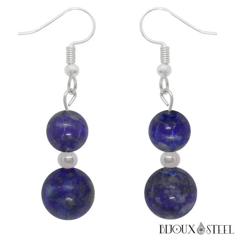 Boucles d'oreilles pendantes doubles perles de lapis-lazuli