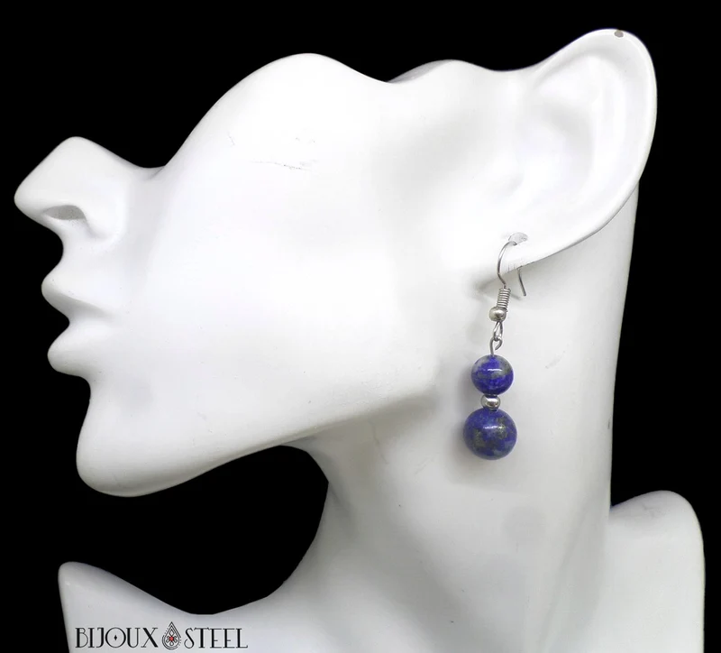 Boucles d'oreilles pendantes doubles perles de lapis-lazuli