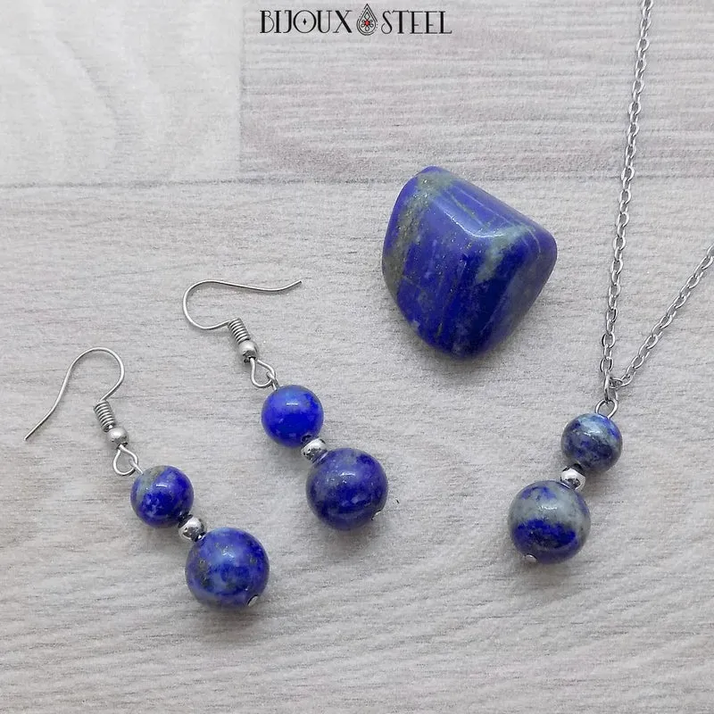 Boucles d'oreilles pendantes doubles perles de lapis-lazuli