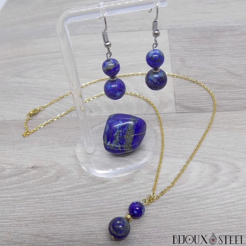 Boucles d'oreilles pendantes doubles perles de lapis-lazuli