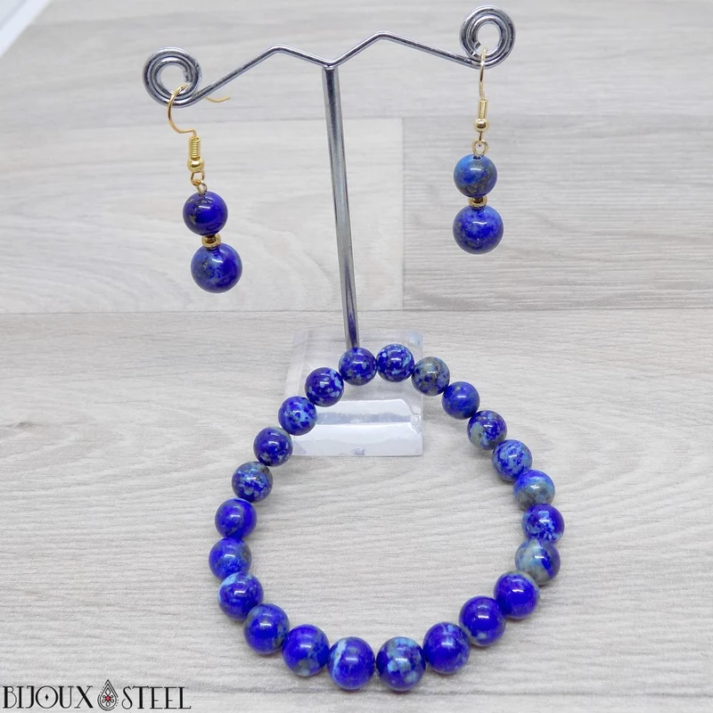 Boucles d'oreilles pendantes doubles perles de lapis-lazuli