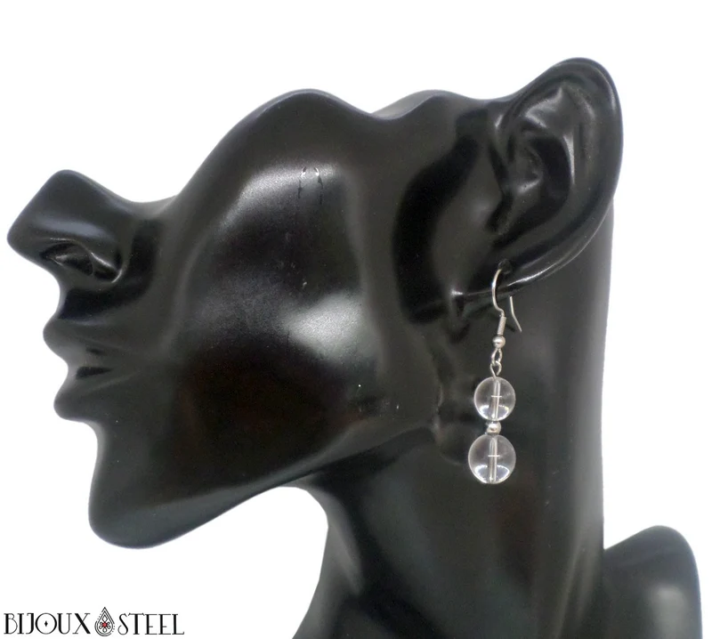 Boucles d'oreilles pendantes doubles perles de cristal de roche