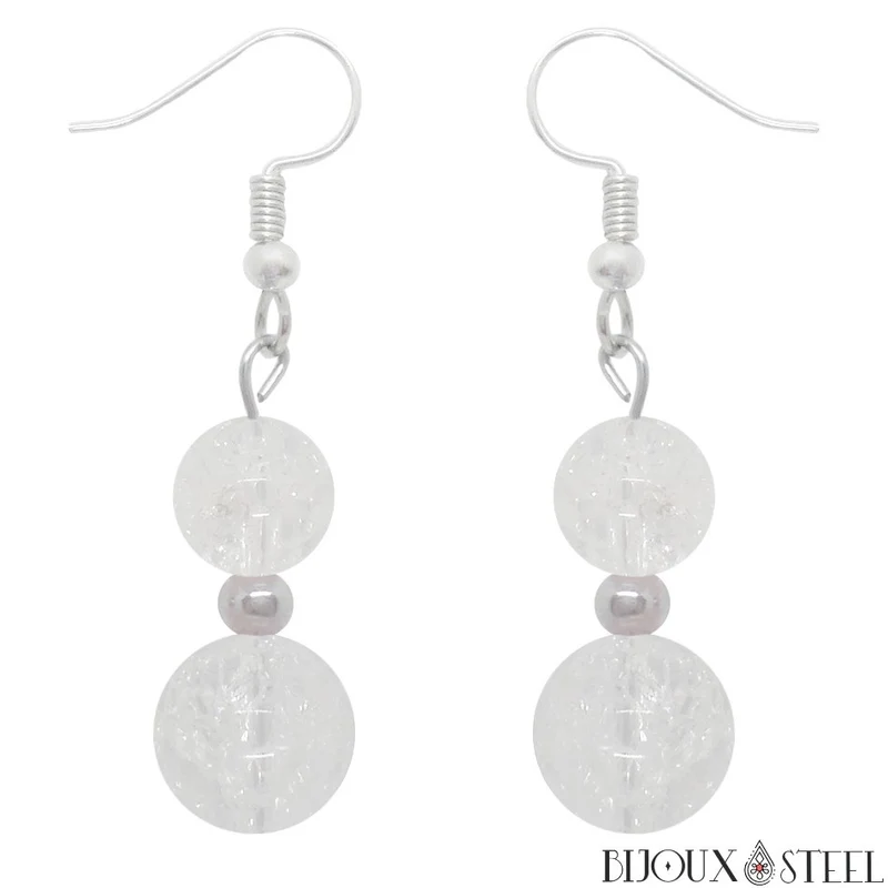 Boucles d'oreilles pendantes doubles perles de quartz craquelé