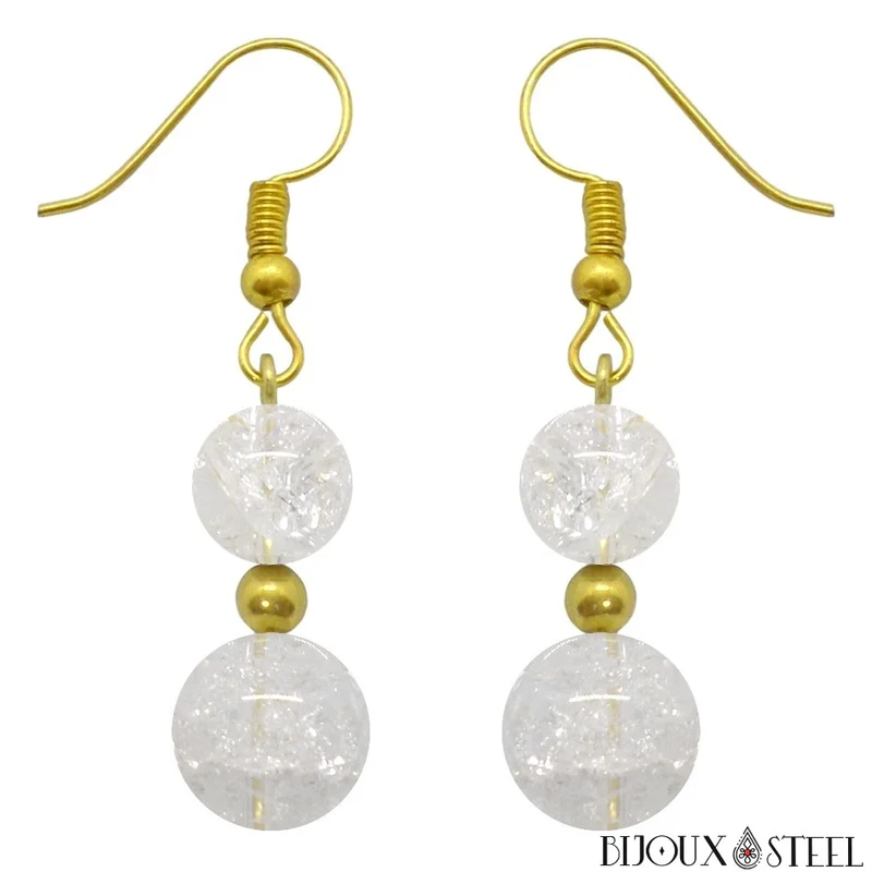 Boucles d'oreilles pendantes doubles perles de quartz craquelé