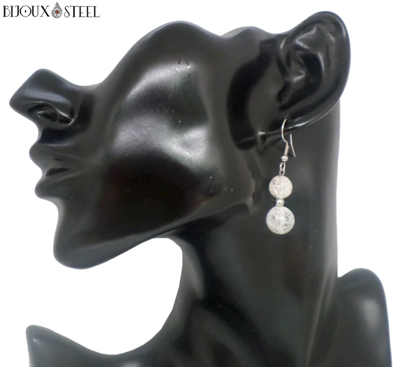 Boucles d'oreilles pendantes doubles perles de quartz craquelé