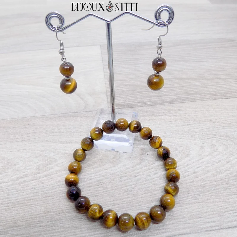Boucles d'oreilles pendantes doubles perles d'oeil de tigre
