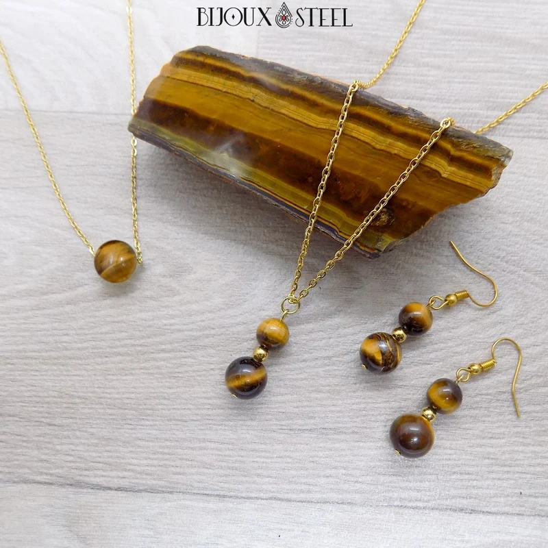 Boucles d'oreilles pendantes doubles perles d'oeil de tigre